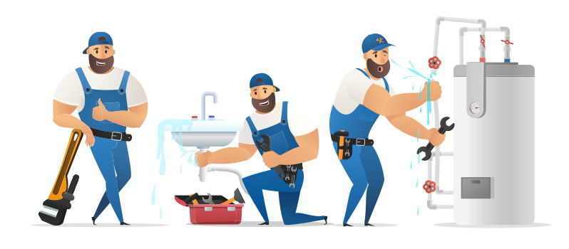 Cartoon of 3 plumbers working on a faucet and boiler