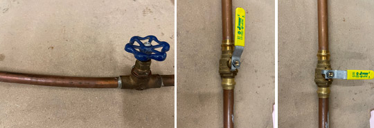 A photo of 3 stop valves that you use to turn off the water to your home