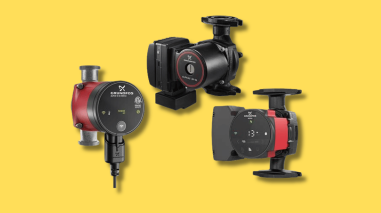 images of three different recirculating pumps on a yellow background