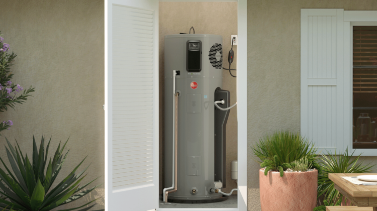 water heater in utility room behind open door