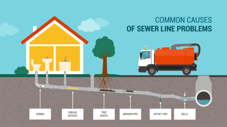 Infographic illustrating the Common Causes of Sewer Line Problems, including tree roots, grease deposits, broken pipes, and offset pipes, with a house and a sewer cleaning truck.