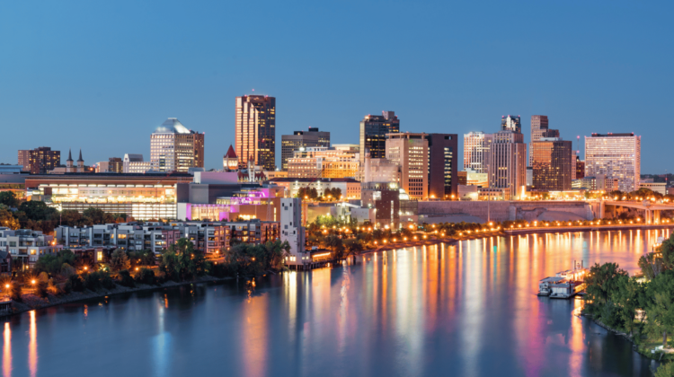 Skyline of downtown St. Paul, Minnesota at twilight, reflecting over the Mississippi River, symbolizing local service in the St. Paul metro area.