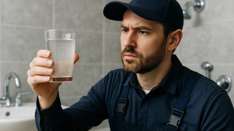 Plumber examining a glass of cloudy or mineral-filled water in a bathroom, symbolizing hard water issues in the home.