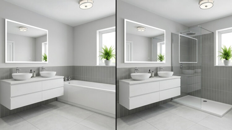 Side-by-side comparison of a bathroom renovation showing a tub-to-walk-in-shower conversion. The left side displays the original white bathtub next to a modern double vanity. The right side shows the same bathroom where the tub has been replaced with a sleek, curbless walk-in shower featuring a frameless glass enclosure and a rainfall showerhead.