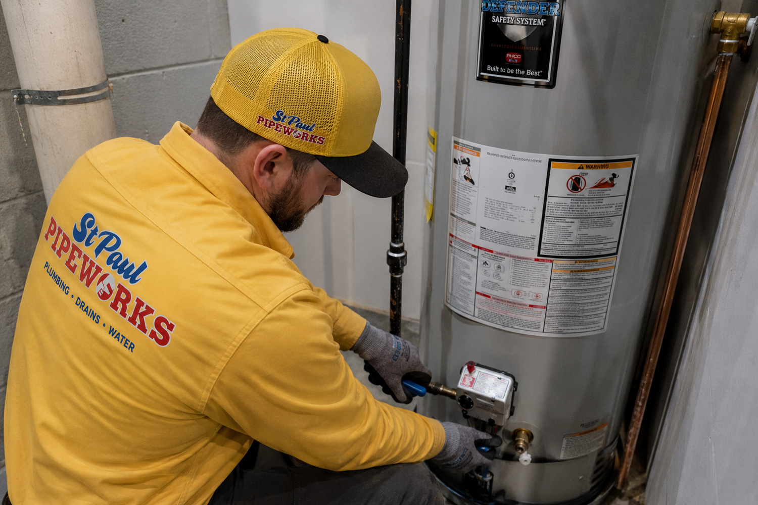 St. Paul plumber inspecting a residential water heater that is not producing hot water, representing common water heater troubleshooting for homeowners in the Minneapolis–St. Paul metro area.