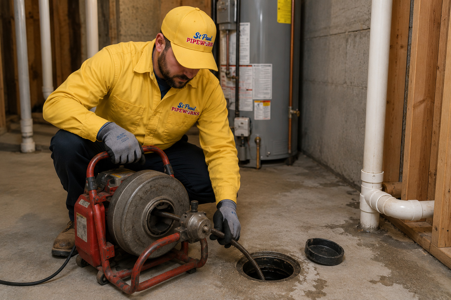 St Paul plumber performing professional drain cleaning for a residential sewer line in the Minneapolis area