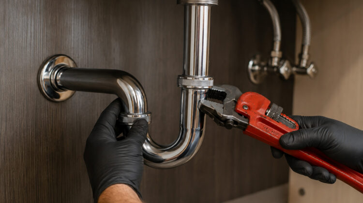 A plumber wearing white safety gloves uses an adjustable wrench to loosen a chrome bathroom sink P-trap for professional drain pipe cleaning Minnesota.