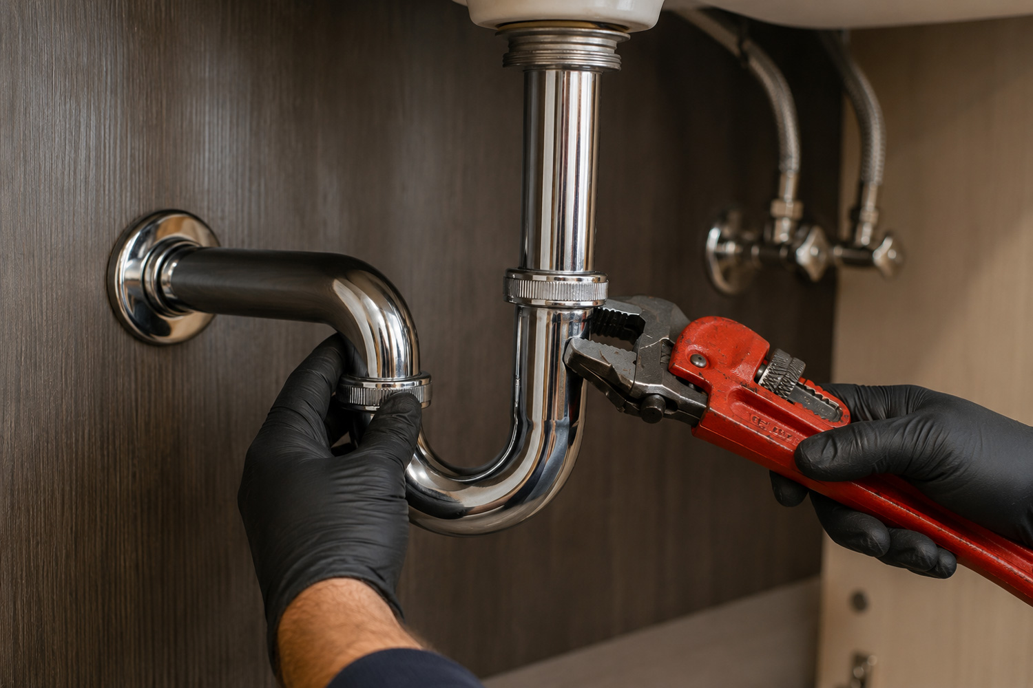 A plumber wearing white safety gloves uses an adjustable wrench to loosen a chrome bathroom sink P-trap for professional drain pipe cleaning Minnesota.