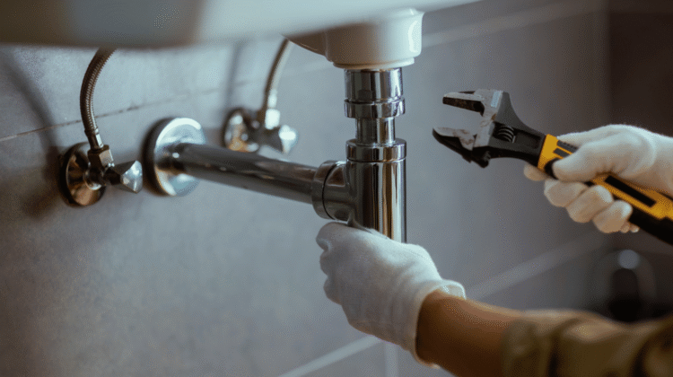 A plumber wearing white safety gloves uses an adjustable wrench to loosen a chrome bathroom sink P-trap for professional drain pipe cleaning Minnesota.