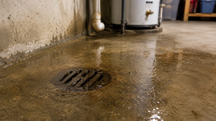 Basement floor drain backup with standing water in a St. Paul basement near a water heater.