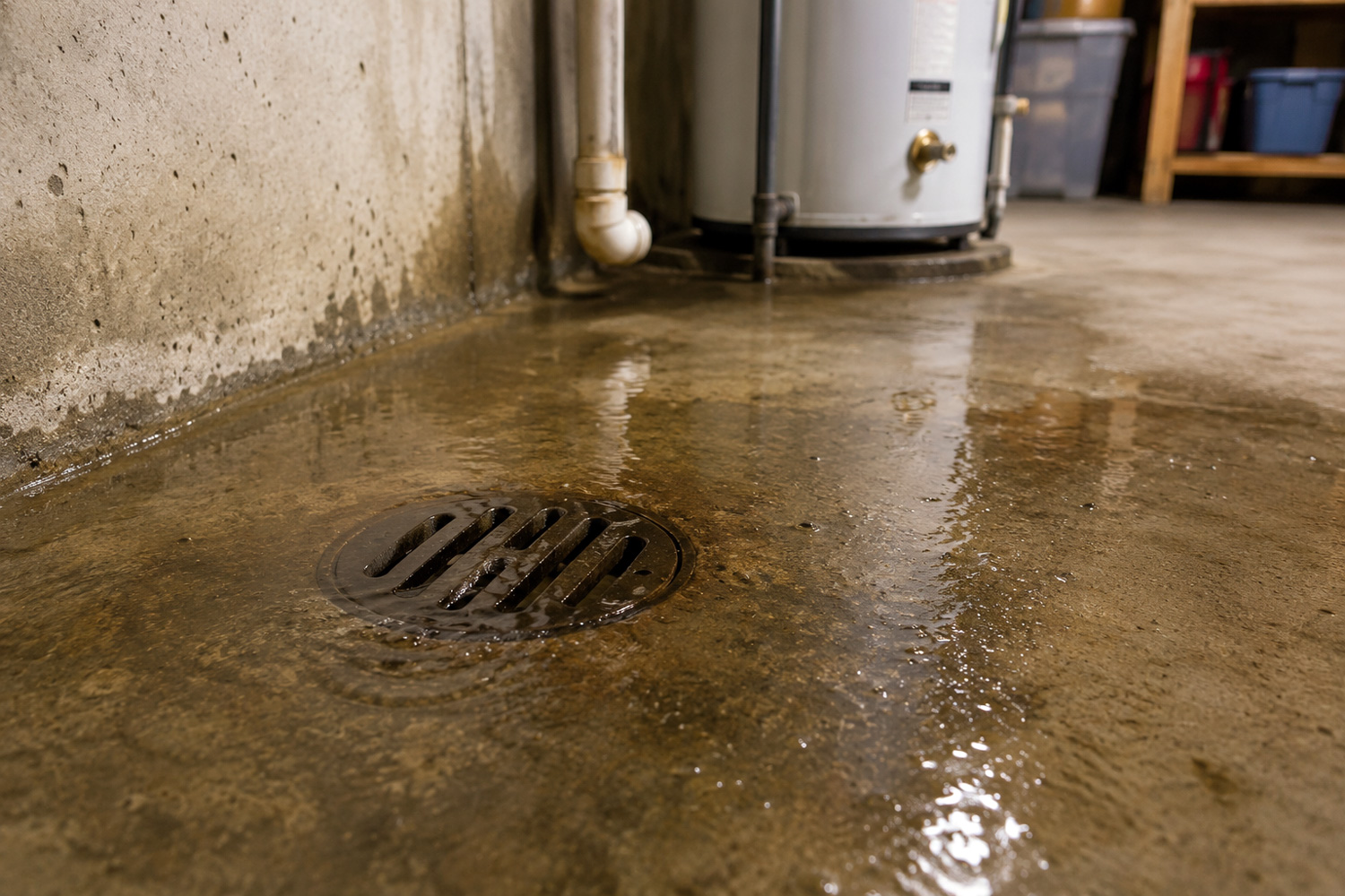 Basement floor drain backup with standing water in a St. Paul basement near a water heater.
