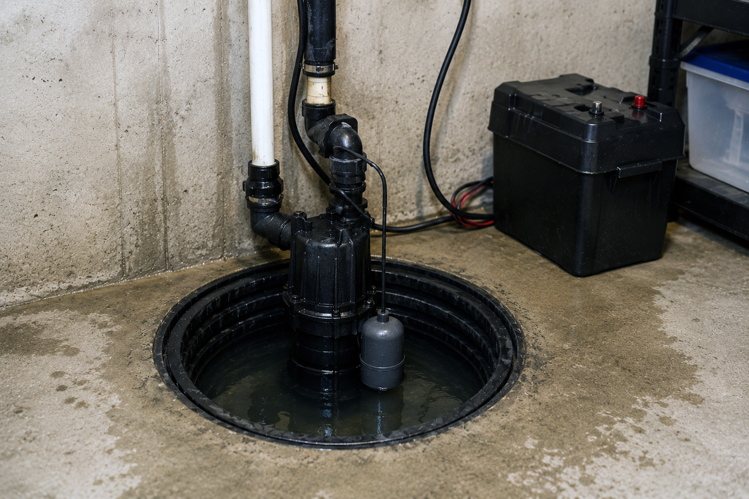 Sump pump in a basement pit with battery backup, helping protect a St. Paul home from storm-related flooding.
