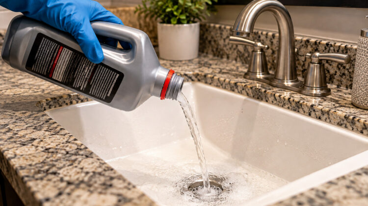 Gloved hand pouring chemical drain cleaner into a bathroom sink drain with standing water.