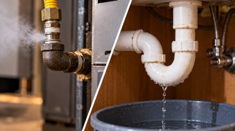 Split image comparing a suspected gas leak at a yellow gas line connection and a water leak dripping from under-sink plumbing.