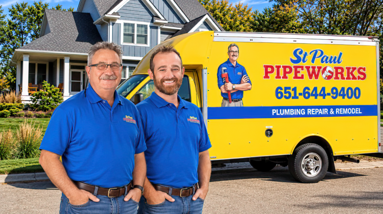 St. Paul Pipeworks team in blue uniforms standing beside a yellow service truck outside a home.